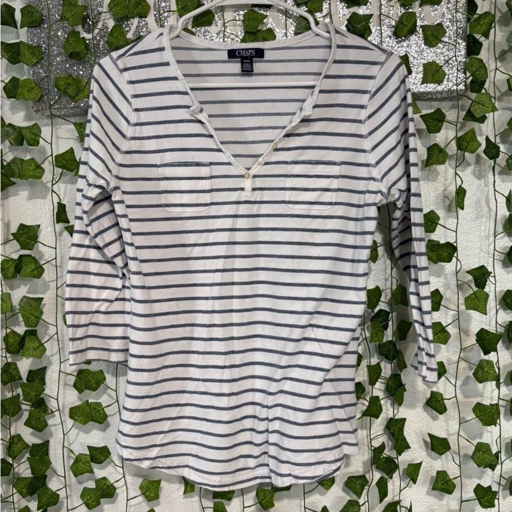 Chaps Women's Long Sleeve Striped Top - White and Black